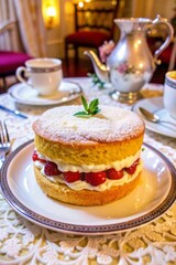 Elegant Victoria sponge cake with cream and strawberry jam filling, garnished with mint, served with tea in a cozy setting.