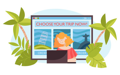Woman Booking Travel, Online App with Destinations