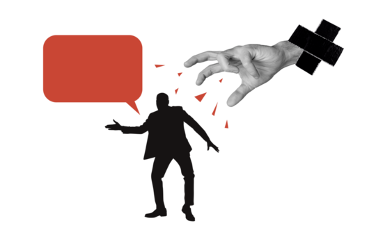 Creative picture poster template collage of silhouette politician with speech bubble attacked by criminal hand