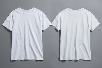 Two white t-shirts placed side by side against a gray background