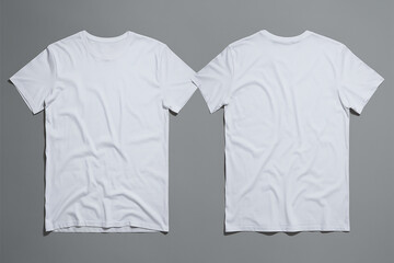 Two white t-shirts placed side by side against a gray background