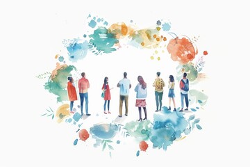 Fototapeta premium Diversity, equality and inclusion concept. Colorful watercolor painting of a diverse and multicultural group of people.