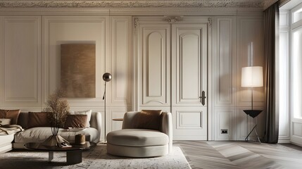Room design interior with closed door.