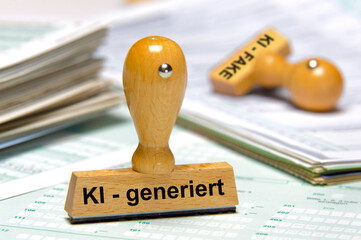 Ein Holzstempel ist beschriftet mit dem Aufdruck: KI-generiert