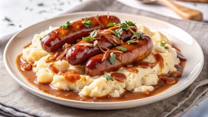 Classic English bangers and mash with sausages on a bed of creamy mashed potatoes, topped with caramelized onions and fresh herbs.