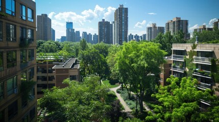 Naklejka premium Generate a photo realistic image of urban heat island mitigation strategies, including green roofs, trees, and reflective surfaces.