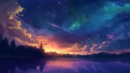 A beautiful night sky with a bright star shooting through the clouds. Anime background. Anime sky. Anime wallpaper