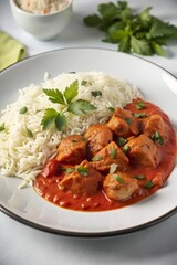 Fototapeta premium English chicken curry with basmati rice and fresh herbs on a white plate, creating a warm and comforting meal.
