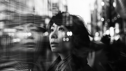 Fototapeta premium A black and white photograph of an Asian individual in Tokyo, styled like Magnum photography, featuring motion blur and foreground blur, along with reflections of the city in glass.