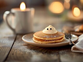 Stack of pancakes topped with smiley cream, accompanied by a mug of coffee and warm candlelight in the background.