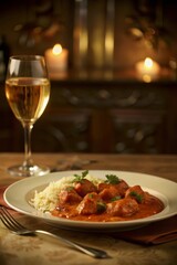 Chicken curry with rice, paired with a glass of white wine, in a cozy candlelit dining setting.