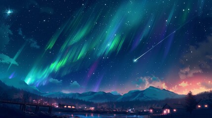 A beautiful night sky with a bright star shooting across the sky. Anime background. Anime sky. Anime wallpaper