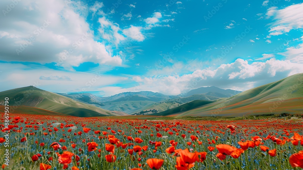 Wall mural The valley filled with bright poppy fields stretches