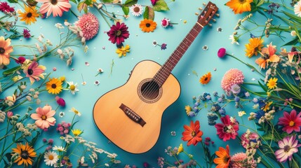 Wooden guitar surrounded by colorful flowers, floral illustration background perfect for music-themed designs.