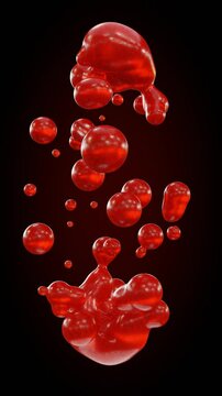 Vertical loop 3D animation of liquid lava droplets in zero gravity. The droplets move merging and separating. Abstract vertical background.