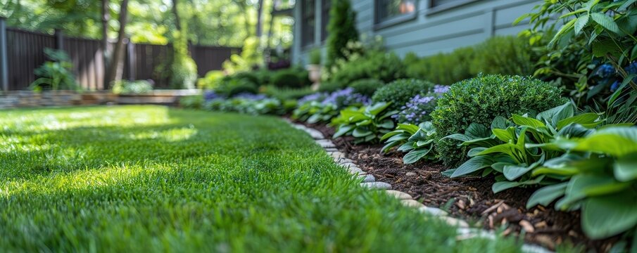 Landscaping Design, Lush Green Grass Bordering Stone Pathway in Backyard