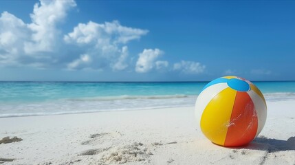 Obraz premium A beach ball is sitting on the sand near the water. The sky is blue and there are clouds in the background