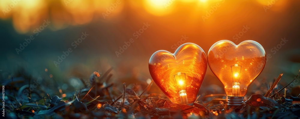 Wall mural two heartshaped light bulbs glowing in sunset grass