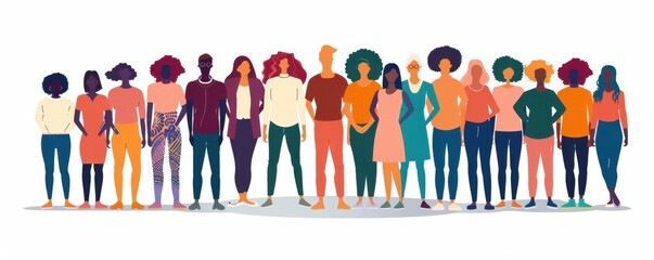 diverse people standing in a row, front view Silhouettes with color accents on a white background Conceptual design for diversity and balance Generative AI