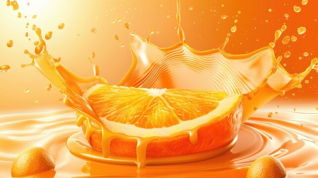 copy space background with Slide cut piece of orange drop on orange background with orange juice splash water --chaos 10 --ar 16:9 --fast Job ID: 33616269-dba7-4fd8-898f-8c66f7404d7b
