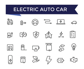 Electric Auto Car Vector Icon set with editable stroke collection for web and ui. Line icons pack. Vector illustration.