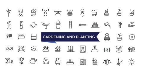 Gardening and Planting Icons set with editable stroke collection for web and ui. Line icons pack. Vector illustration.
