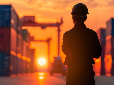 Silhouette of a person coordinating multimodal transportation logistics, Silhouette logistics transportation manager operations, Multimodal management