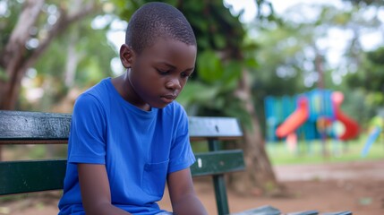 Pensive African Boy Sitting Alone on Park Bench, Reflective Child in Blue Shirt, Outdoor Playground in Background, Stock Photography for Mental Health, Loneliness Awareness, Print Design