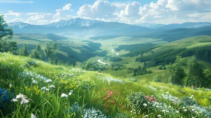 Green hills covered with thick grass and wildflowers img