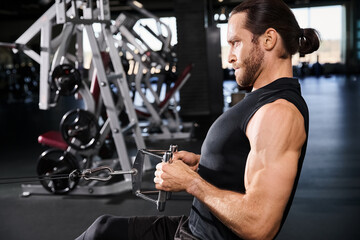 An athletic man in active wear pulling while working out in a gym.