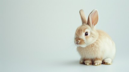A fluffy rabbit sitting quietly on a clean white background