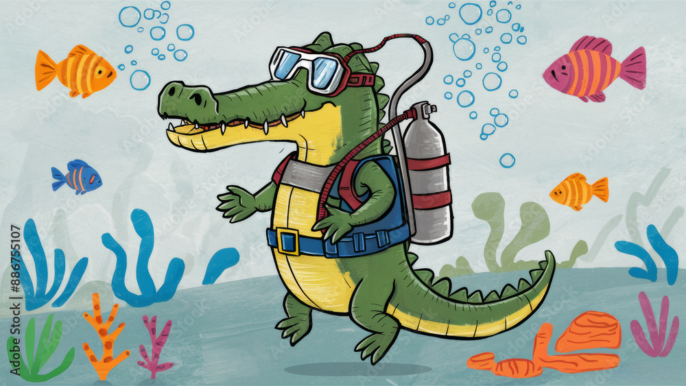 Canvas Prints a cartoon crocodile with scuba gear and a mask, ai