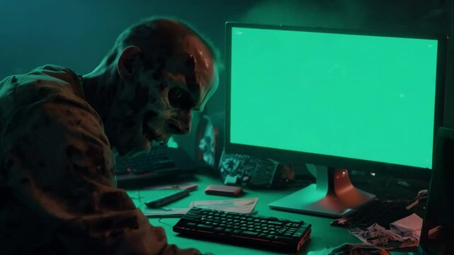 a frightening zombie using a laptop at a desk to work on a computer