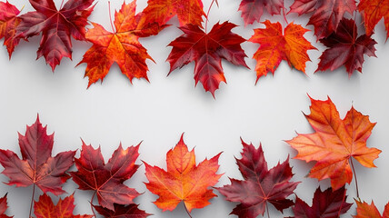 Orange maple leaves on white background. autumn seasonal background. Autumn seasonal background. Flat lay with copy space