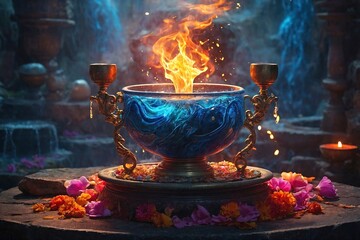 Fantasy image of a cup with full of elixir on an ancient altar