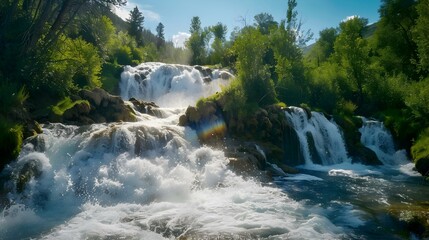 A cascading waterfall that cascades down rocky ledges