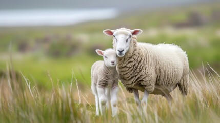 Obraz premium A ewe and her lamb standing together in a grassy field, with the lamb nuzzling close to its mother