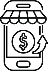 Smartphone with a shop awning above it is showing a rising arrow behind a us dollar sign, representing increasing profits