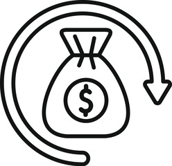 Minimalist line icon of a money bag with a circular arrow pointing down, symbolizing a decrease in funds