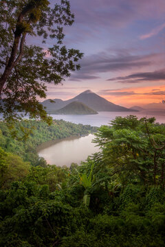 Aerial view of Ternate island at sunset, North Maluku, Maluku Islands, Indonesia