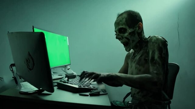 a frightening zombie using a laptop at a desk to work on a computer