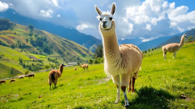 Llamas on a farm grazing on green hills