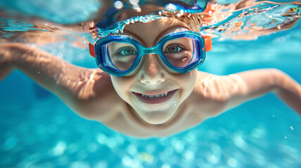 Naklejka premium A young boy wearing swimming goggles and swiming into the pool