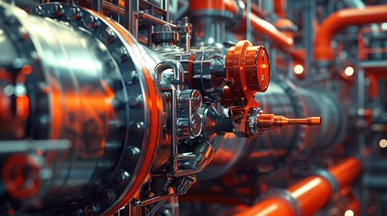 Fototapeta premium High-Tech Industrial Plant with Complex Network of Pipes and Machinery in Modern Manufacturing Facility