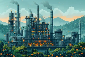 Obraz premium Factory complex emitting smoke in green valley at sunset, surrounded by mountains, carbon emissions from industrial activities, environmental, potential for adopting sustainable eco-friendly.