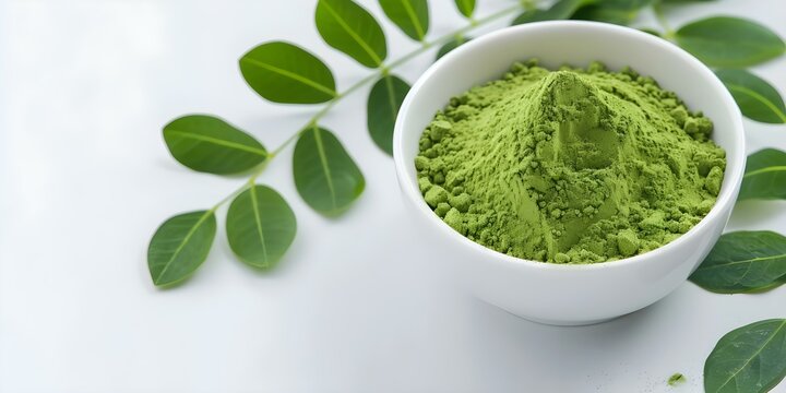 Closeup of organic senna leaf powder on white background selective focus. Concept Close-up Photography, Organic Products, Senna Leaf Powder, White Background, Selective Focus