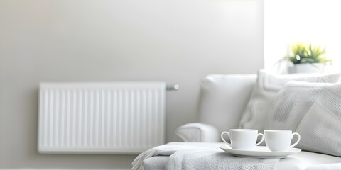 Efficient white radiator heating in modern apartment for comfortable living. Concept Apartment Heating, Efficient Radiator, White Decor, Comfortable Living, Modern Design