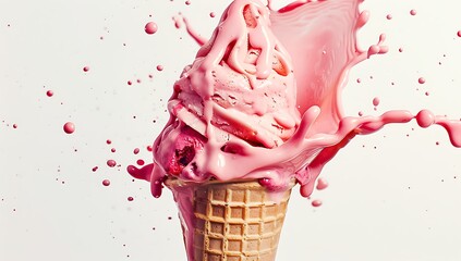 ice cream cone with pinkish red ice creme melting and splashing, white backgroundice cream cone with pinkish red ice creme melting and splashing, white background