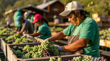 A woman is picking grapes in a field