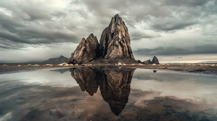 Church Rock reflected in a pool of rainwater, creating a surreal mirror effect against a cloudy sky in muted tones.